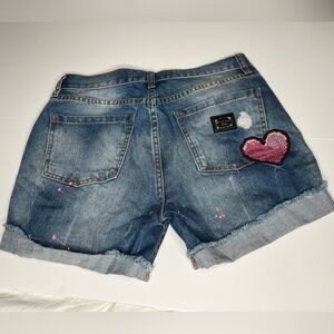 Philipp Plein 29 Crystal Heart Jean Denim Shorts Rhinestones Pink Distressed